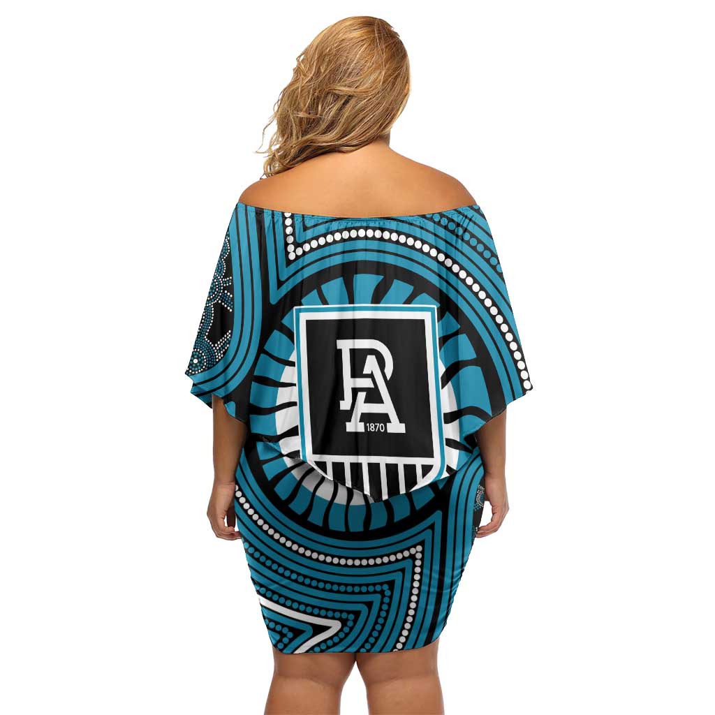 Port Adelaide Football Club Family Matching Off Shoulder Short Dress and Hawaiian Shirt Indigenous Monochrome Dot Art Mascot Style