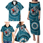 Port Adelaide Football Club Family Matching Puletasi and Hawaiian Shirt Indigenous Monochrome Dot Art Mascot Style