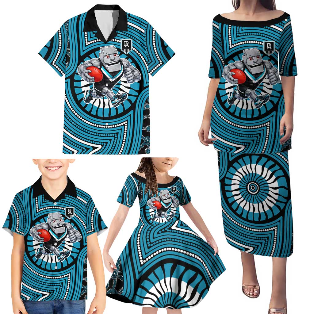 Port Adelaide Football Club Family Matching Puletasi and Hawaiian Shirt Indigenous Monochrome Dot Art Mascot Style