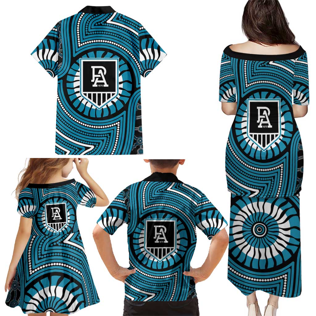 Port Adelaide Football Club Family Matching Puletasi and Hawaiian Shirt Indigenous Monochrome Dot Art Mascot Style