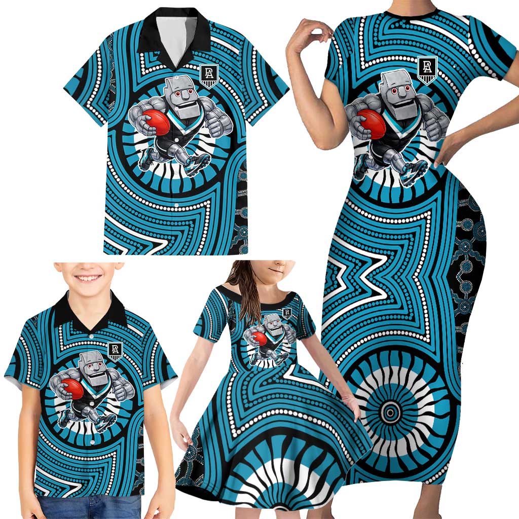 Port Adelaide Football Club Family Matching Short Sleeve Bodycon Dress and Hawaiian Shirt Indigenous Monochrome Dot Art Mascot Style