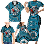 Port Adelaide Football Club Family Matching Short Sleeve Bodycon Dress and Hawaiian Shirt Indigenous Monochrome Dot Art Mascot Style