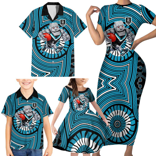 Port Adelaide Football Club Family Matching Short Sleeve Bodycon Dress and Hawaiian Shirt Indigenous Monochrome Dot Art Mascot Style