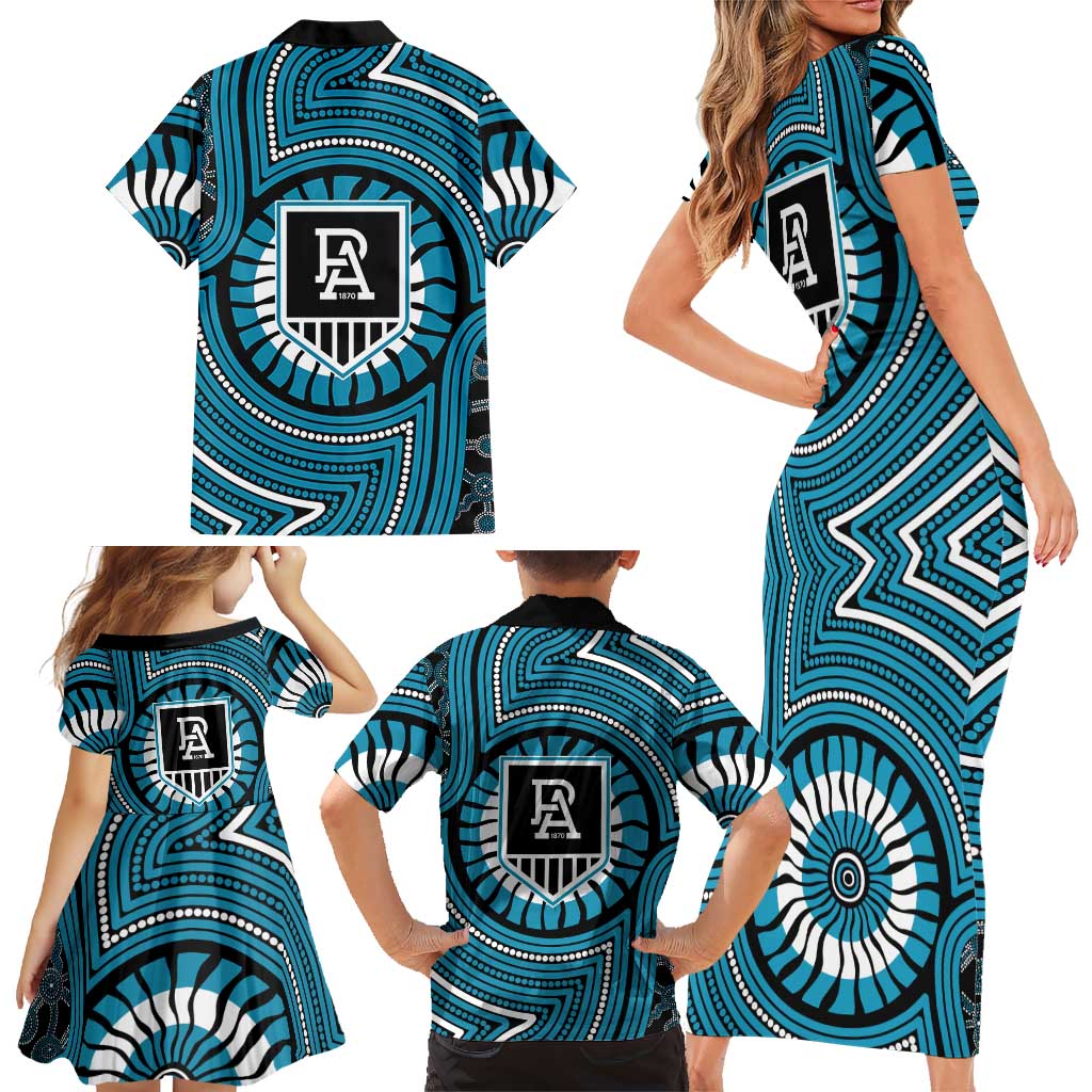 Port Adelaide Football Club Family Matching Short Sleeve Bodycon Dress and Hawaiian Shirt Indigenous Monochrome Dot Art Mascot Style