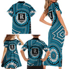 Port Adelaide Football Club Family Matching Short Sleeve Bodycon Dress and Hawaiian Shirt Indigenous Monochrome Dot Art Mascot Style