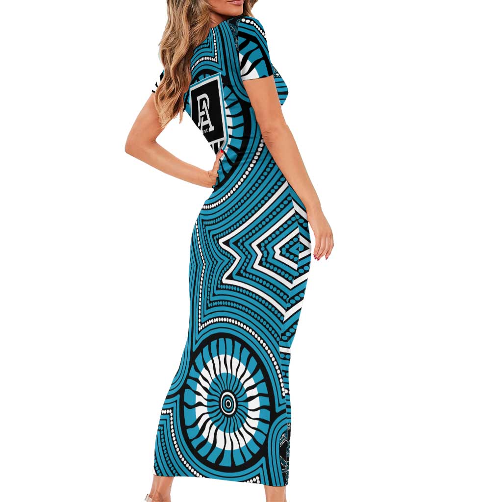 Port Adelaide Football Club Family Matching Short Sleeve Bodycon Dress and Hawaiian Shirt Indigenous Monochrome Dot Art Mascot Style
