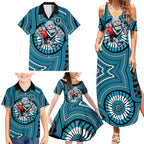 Port Adelaide Football Club Family Matching Summer Maxi Dress and Hawaiian Shirt Indigenous Monochrome Dot Art Mascot Style