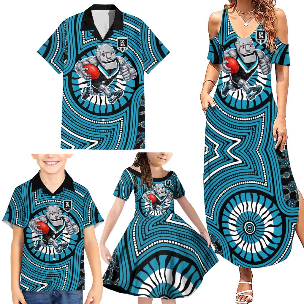 Port Adelaide Football Club Family Matching Summer Maxi Dress and Hawaiian Shirt Indigenous Monochrome Dot Art Mascot Style