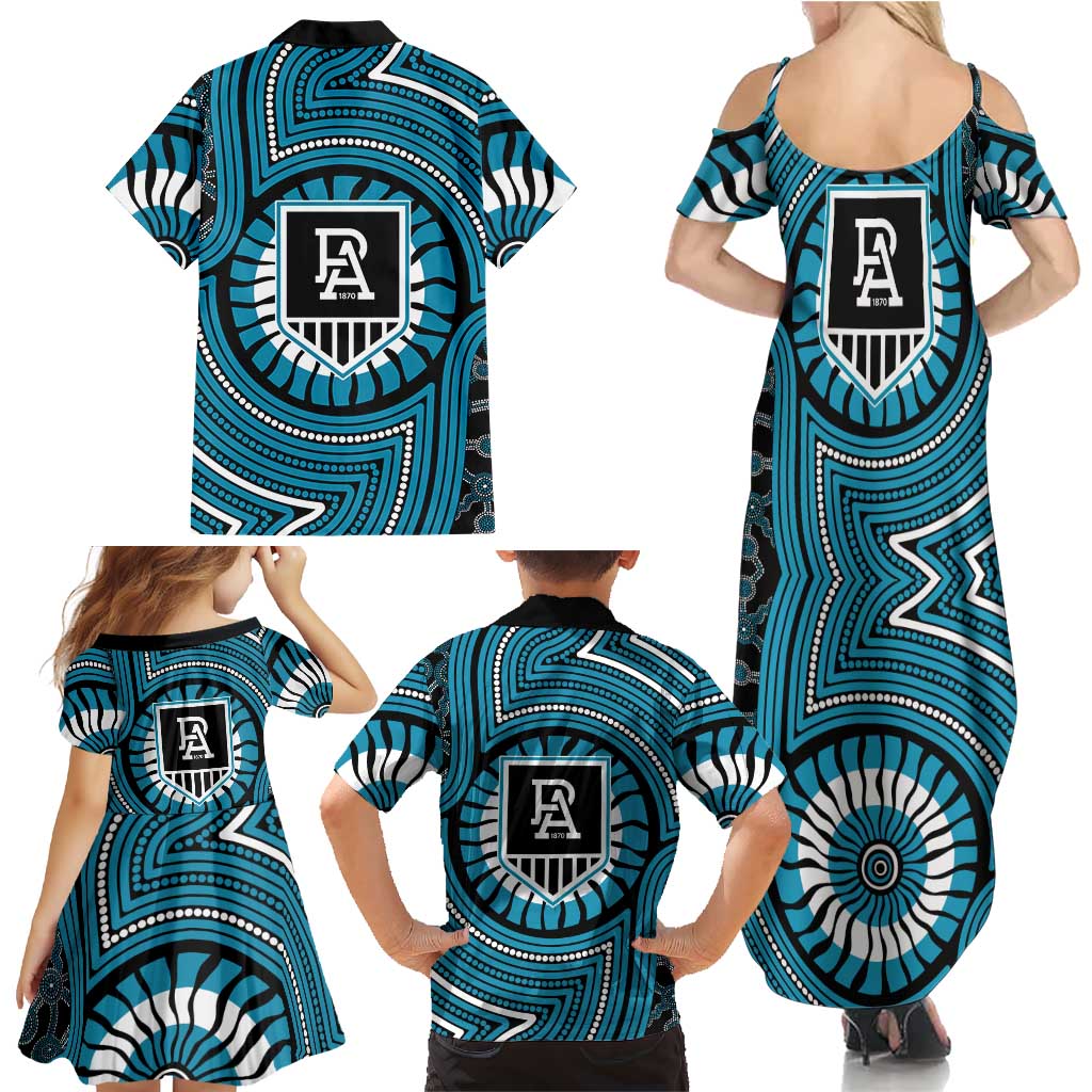 Port Adelaide Football Club Family Matching Summer Maxi Dress and Hawaiian Shirt Indigenous Monochrome Dot Art Mascot Style