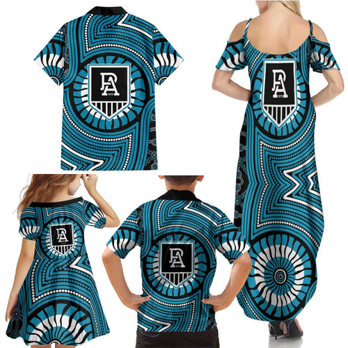 Port Adelaide Football Club Family Matching Summer Maxi Dress and Hawaiian Shirt Indigenous Monochrome Dot Art Mascot Style