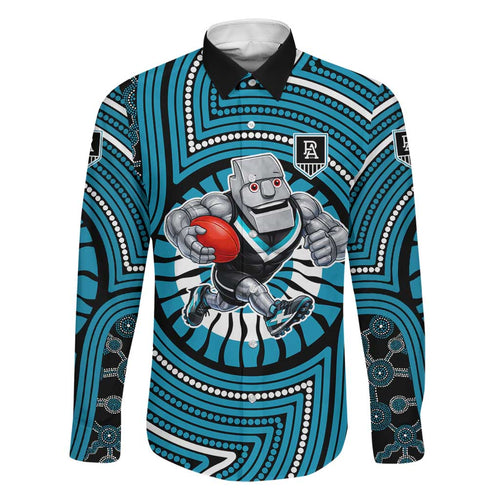 Port Adelaide Football Club Family Matching Summer Maxi Dress and Hawaiian Shirt Indigenous Monochrome Dot Art Mascot Style