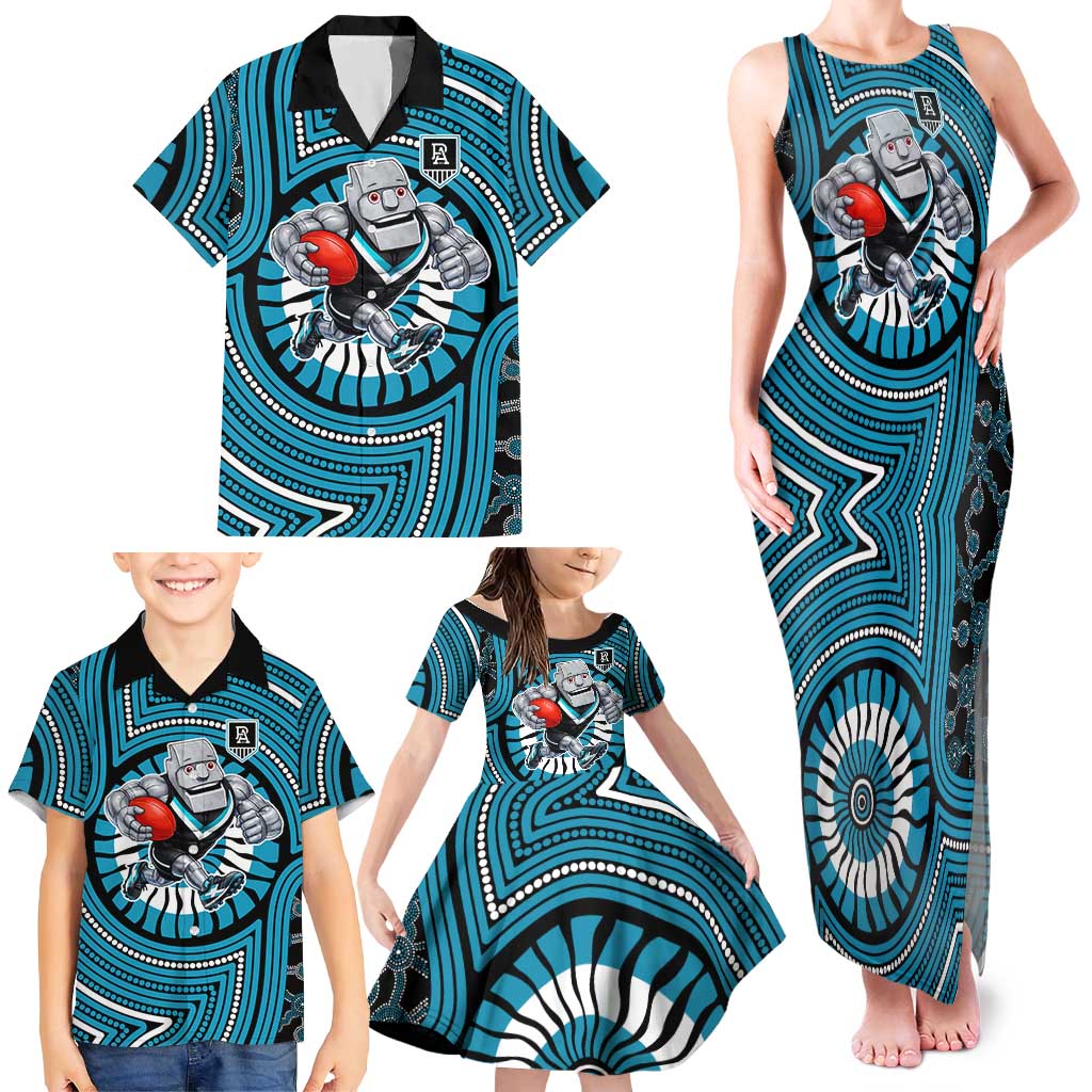 Port Adelaide Football Club Family Matching Tank Maxi Dress and Hawaiian Shirt Indigenous Monochrome Dot Art Mascot Style