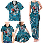 Port Adelaide Football Club Family Matching Tank Maxi Dress and Hawaiian Shirt Indigenous Monochrome Dot Art Mascot Style