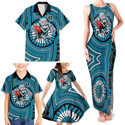 Port Adelaide Football Club Family Matching Tank Maxi Dress and Hawaiian Shirt Indigenous Monochrome Dot Art Mascot Style
