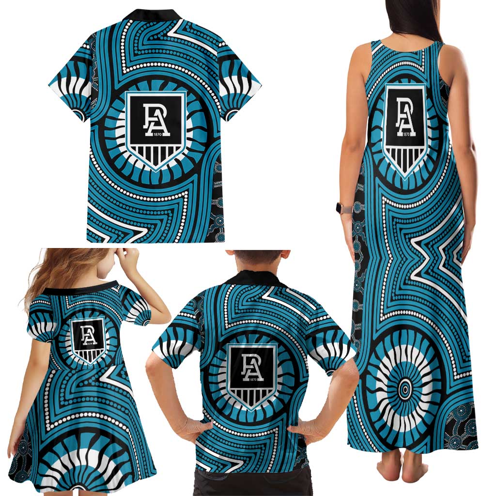 Port Adelaide Football Club Family Matching Tank Maxi Dress and Hawaiian Shirt Indigenous Monochrome Dot Art Mascot Style