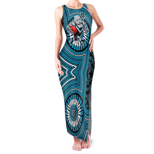 Port Adelaide Football Club Family Matching Tank Maxi Dress and Hawaiian Shirt Indigenous Monochrome Dot Art Mascot Style