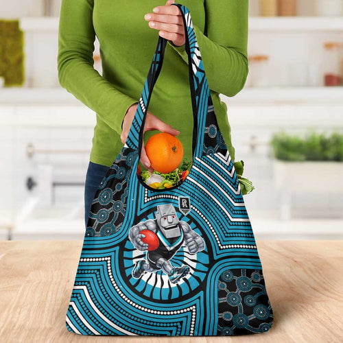 Port Adelaide Football Club Grocery Bag Indigenous Monochrome Dot Art Mascot Style