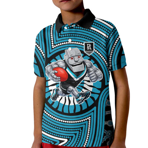 Port Adelaide Football Club Kid Polo Shirt Indigenous Monochrome Dot Art Mascot Style