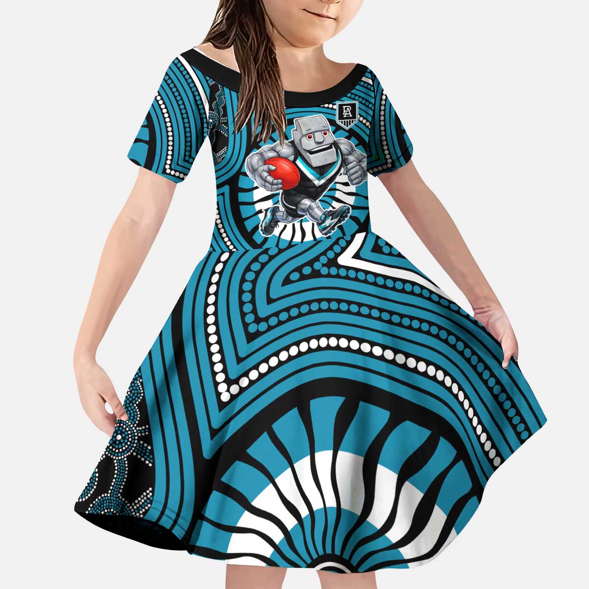 Port Adelaide Football Club Kid Short Sleeve Dress Indigenous Monochrome Dot Art Mascot Style