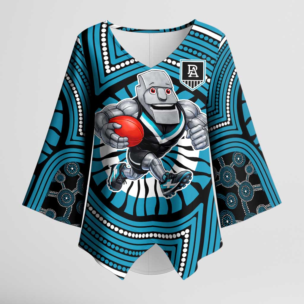 Port Adelaide Football Club Kimono Sleeve Blouse Indigenous Monochrome Dot Art Mascot Style