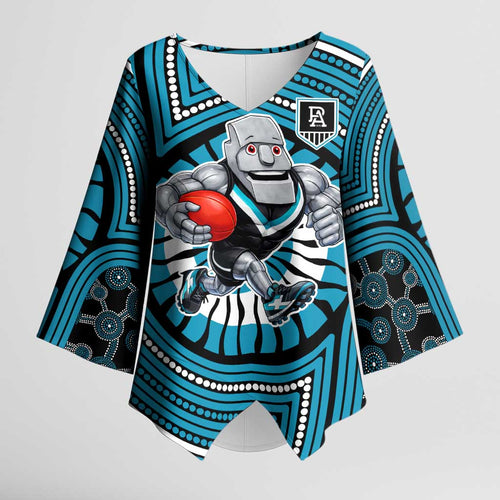 Port Adelaide Football Club Kimono Sleeve Blouse Indigenous Monochrome Dot Art Mascot Style