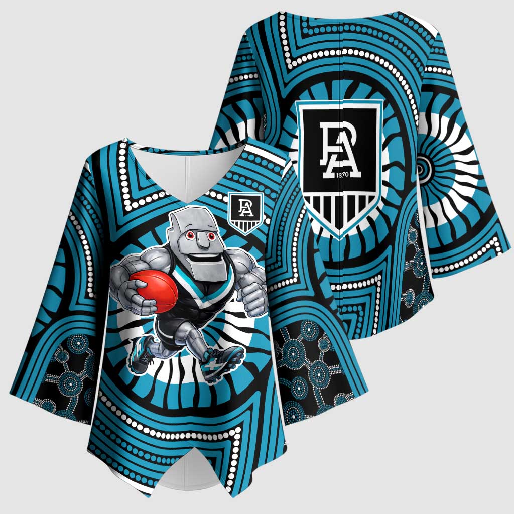 Port Adelaide Football Club Kimono Sleeve Blouse Indigenous Monochrome Dot Art Mascot Style