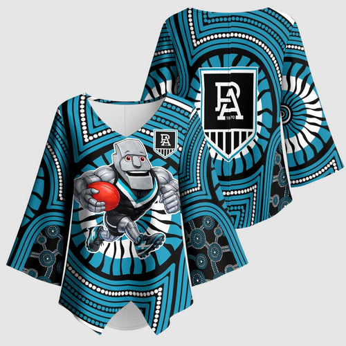 Port Adelaide Football Club Kimono Sleeve Blouse Indigenous Monochrome Dot Art Mascot Style
