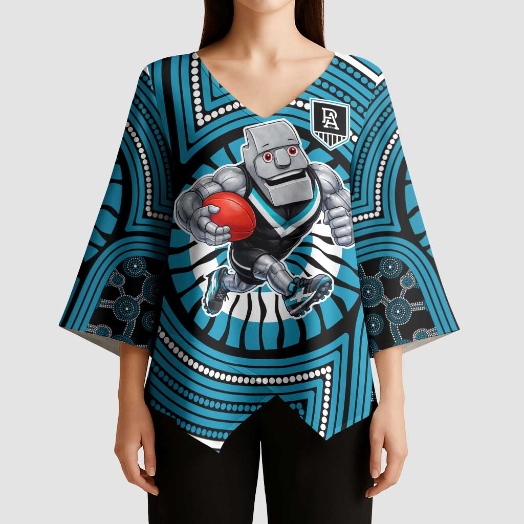 Port Adelaide Football Club Kimono Sleeve Blouse Indigenous Monochrome Dot Art Mascot Style