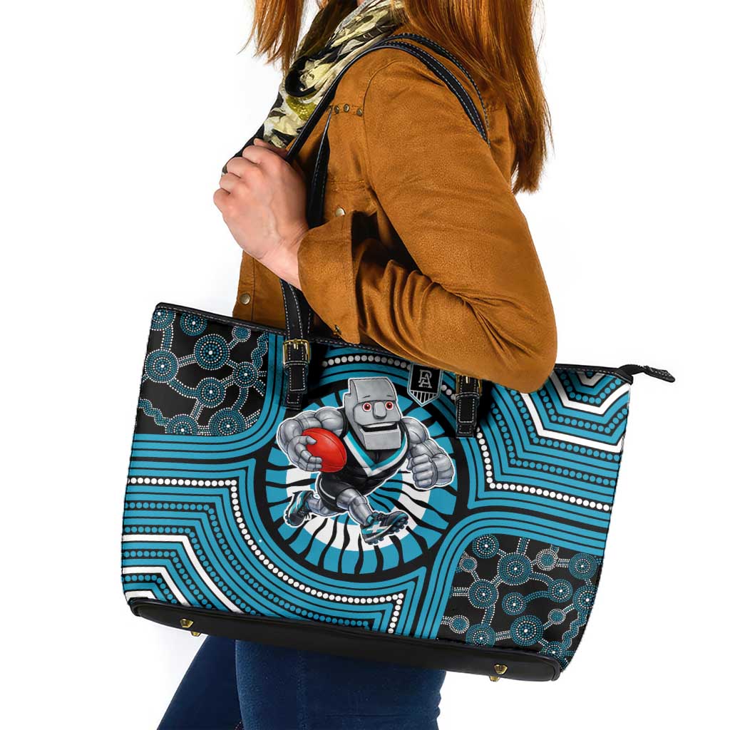 Port Adelaide Football Club Leather Tote Bag Indigenous Monochrome Dot Art Mascot Style