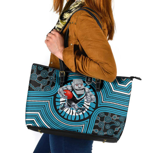 Port Adelaide Football Club Leather Tote Bag Indigenous Monochrome Dot Art Mascot Style
