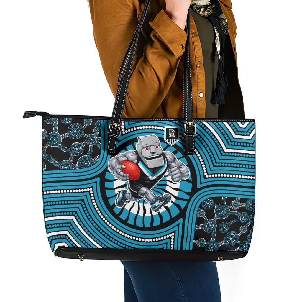 Port Adelaide Football Club Leather Tote Bag Indigenous Monochrome Dot Art Mascot Style