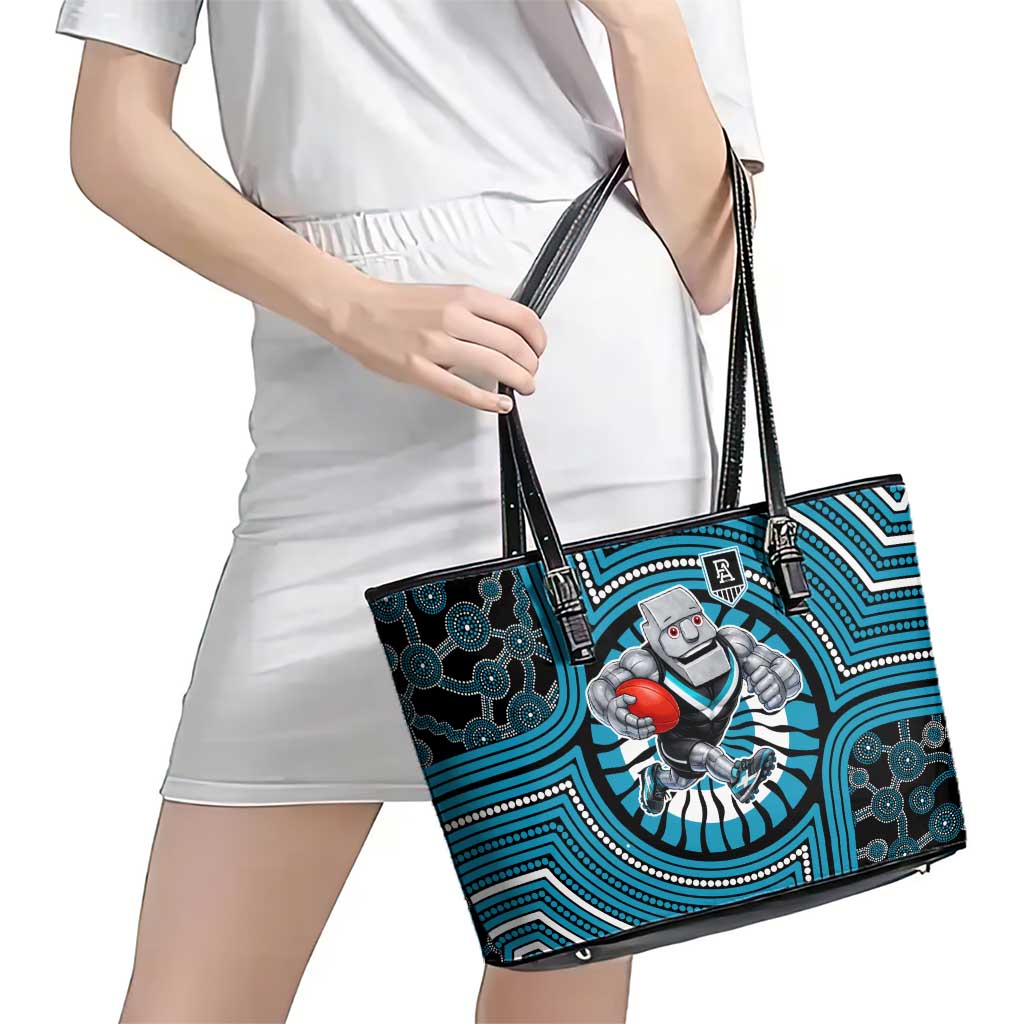 Port Adelaide Football Club Leather Tote Bag Indigenous Monochrome Dot Art Mascot Style
