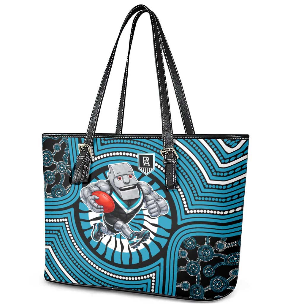 Port Adelaide Football Club Leather Tote Bag Indigenous Monochrome Dot Art Mascot Style