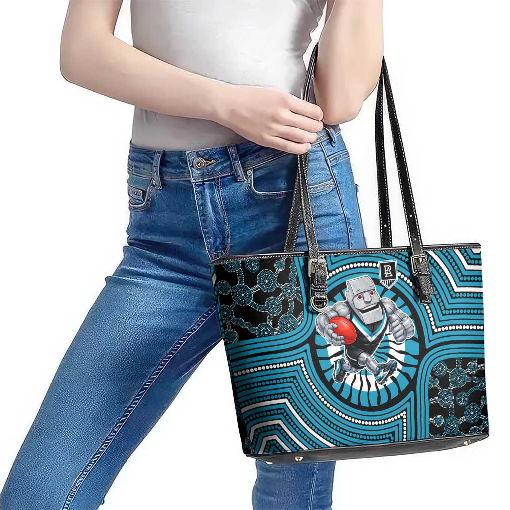 Port Adelaide Football Club Leather Tote Bag Indigenous Monochrome Dot Art Mascot Style