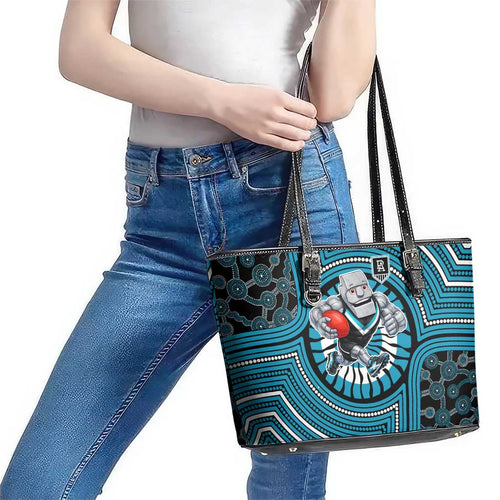 Port Adelaide Football Club Leather Tote Bag Indigenous Monochrome Dot Art Mascot Style