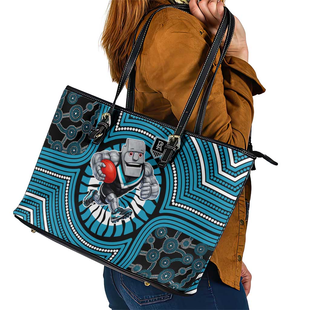 Port Adelaide Football Club Leather Tote Bag Indigenous Monochrome Dot Art Mascot Style