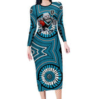 Port Adelaide Football Club Long Sleeve Bodycon Dress Indigenous Monochrome Dot Art Mascot Style