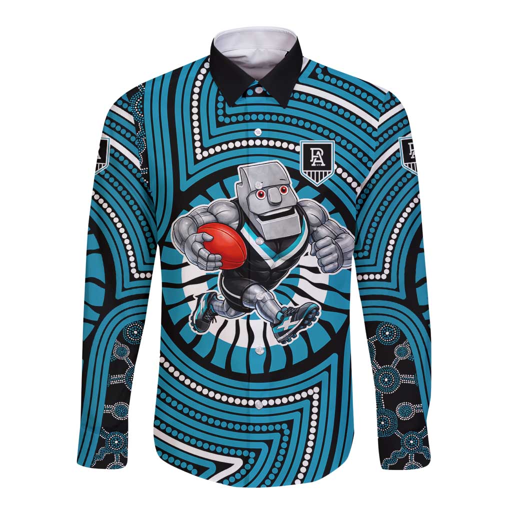 Port Adelaide Football Club Long Sleeve Button Shirt Indigenous Monochrome Dot Art Mascot Style