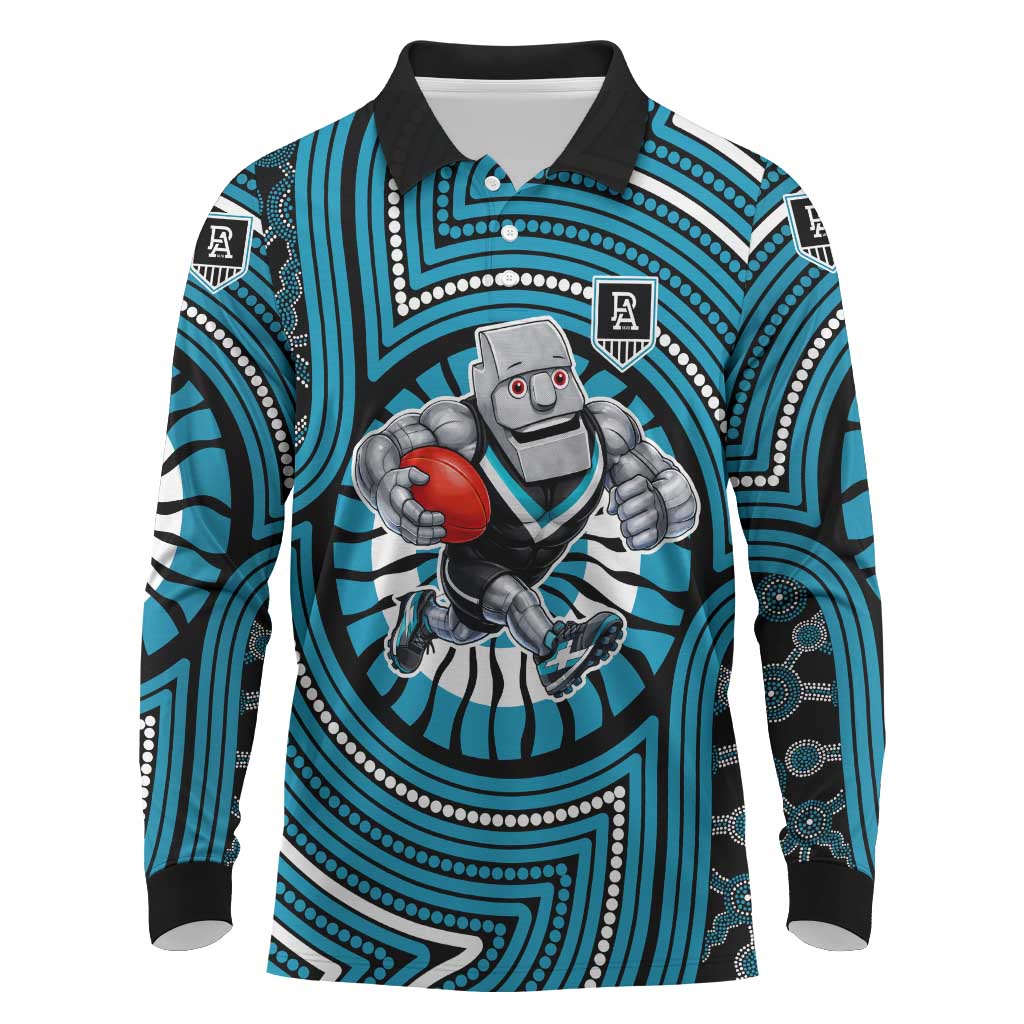 Port Adelaide Football Club Long Sleeve Polo Shirt Indigenous Monochrome Dot Art Mascot Style