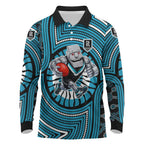 Port Adelaide Football Club Long Sleeve Polo Shirt Indigenous Monochrome Dot Art Mascot Style