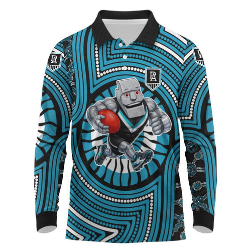 Port Adelaide Football Club Long Sleeve Polo Shirt Indigenous Monochrome Dot Art Mascot Style