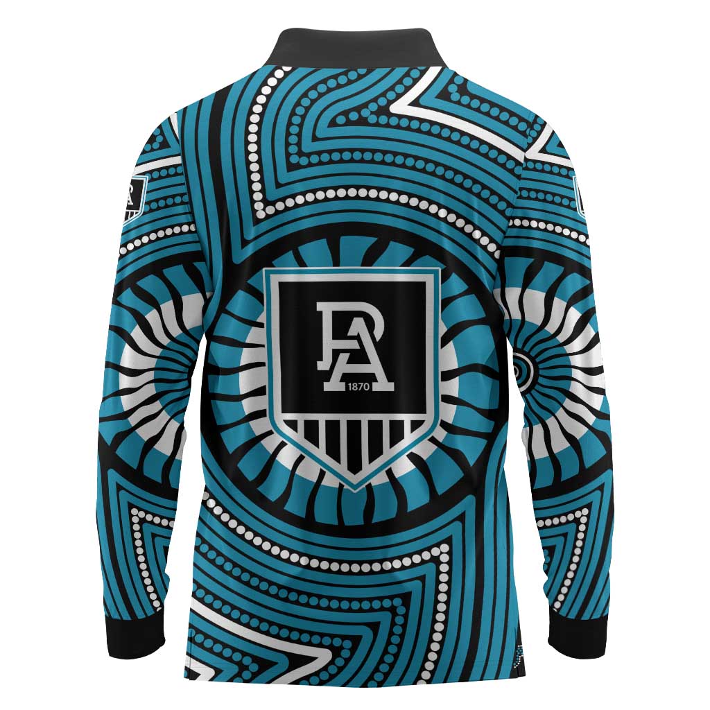 Port Adelaide Football Club Long Sleeve Polo Shirt Indigenous Monochrome Dot Art Mascot Style