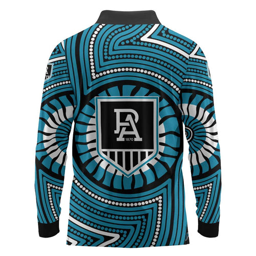 Port Adelaide Football Club Long Sleeve Polo Shirt Indigenous Monochrome Dot Art Mascot Style