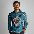 Port Adelaide Football Club Long Sleeve Polo Shirt Indigenous Monochrome Dot Art Mascot Style