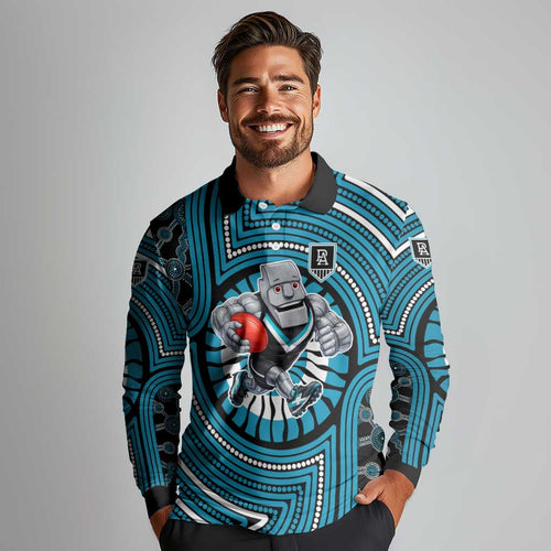 Port Adelaide Football Club Long Sleeve Polo Shirt Indigenous Monochrome Dot Art Mascot Style