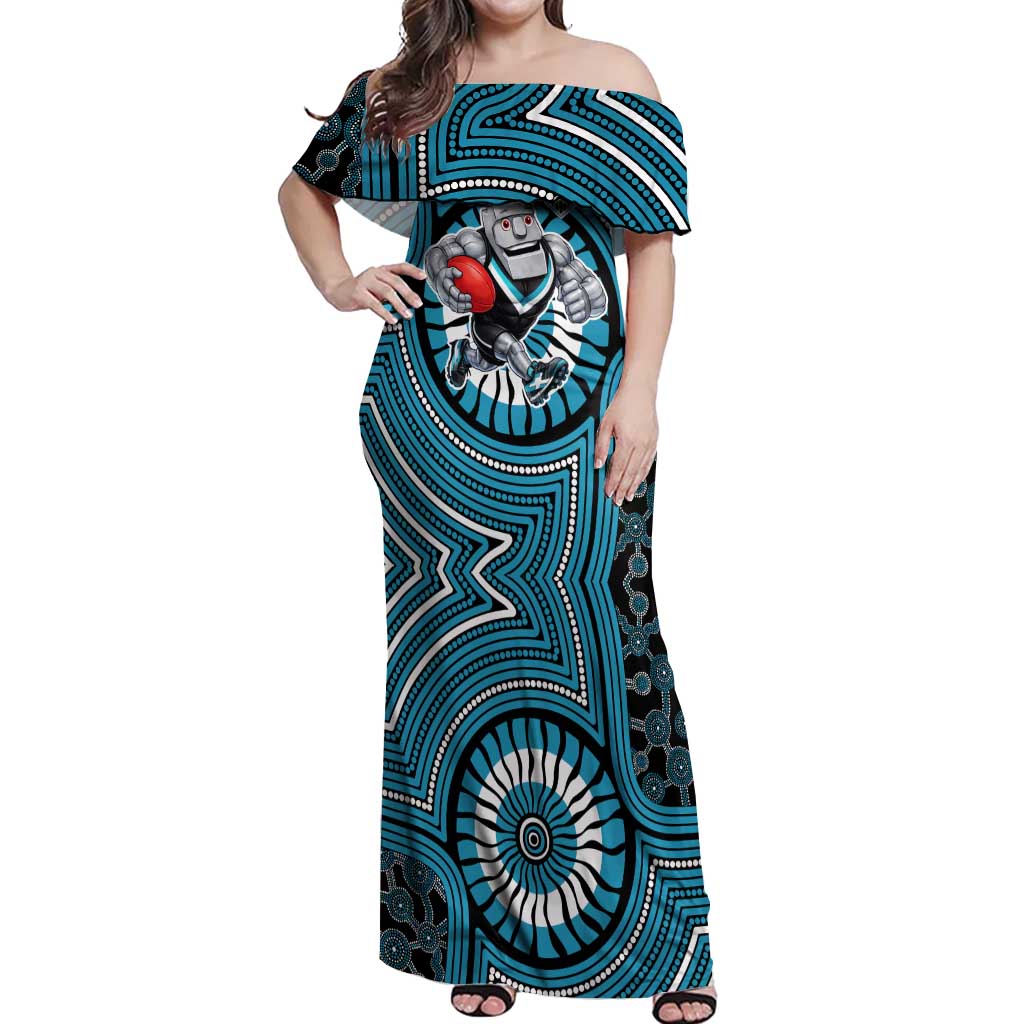 Port Adelaide Football Club Off Shoulder Maxi Dress Indigenous Monochrome Dot Art Mascot Style