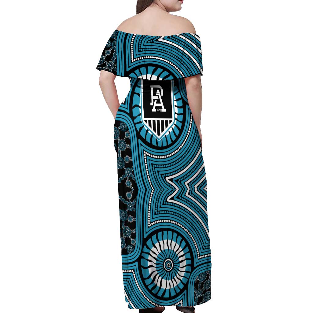 Port Adelaide Football Club Off Shoulder Maxi Dress Indigenous Monochrome Dot Art Mascot Style