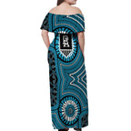 Port Adelaide Football Club Off Shoulder Maxi Dress Indigenous Monochrome Dot Art Mascot Style