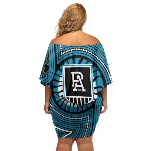 Port Adelaide Football Club Off Shoulder Short Dress Indigenous Monochrome Dot Art Mascot Style