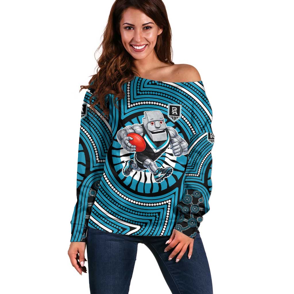 Port Adelaide Football Club Off Shoulder Sweater Indigenous Monochrome Dot Art Mascot Style